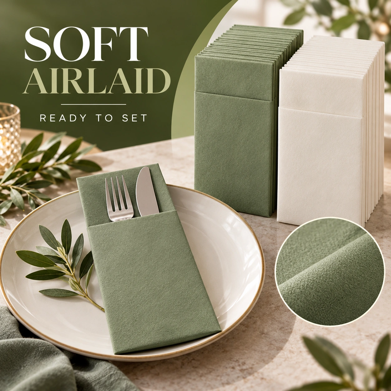 Sage green airlaid pocket napkin and material close-up