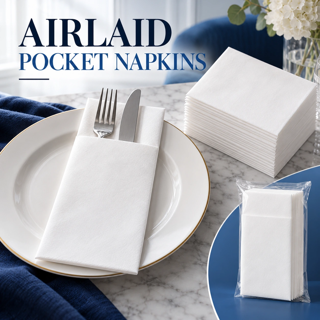 White pocket napkin with stacked and packed presentation