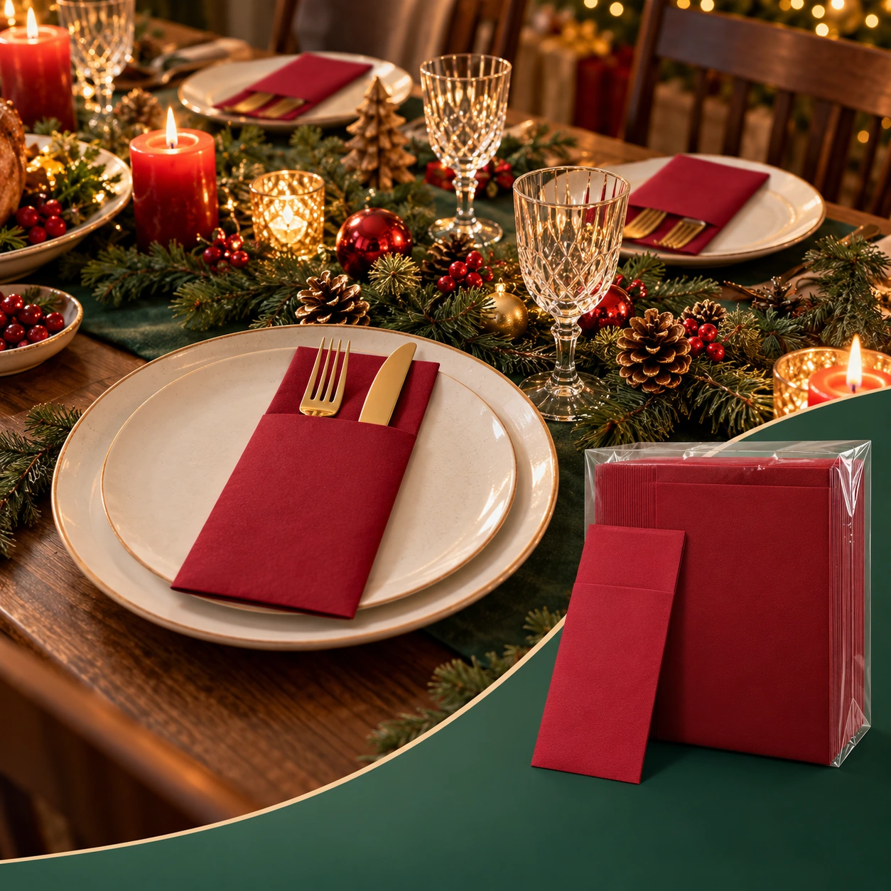 Red pocket napkin in a festive table setting