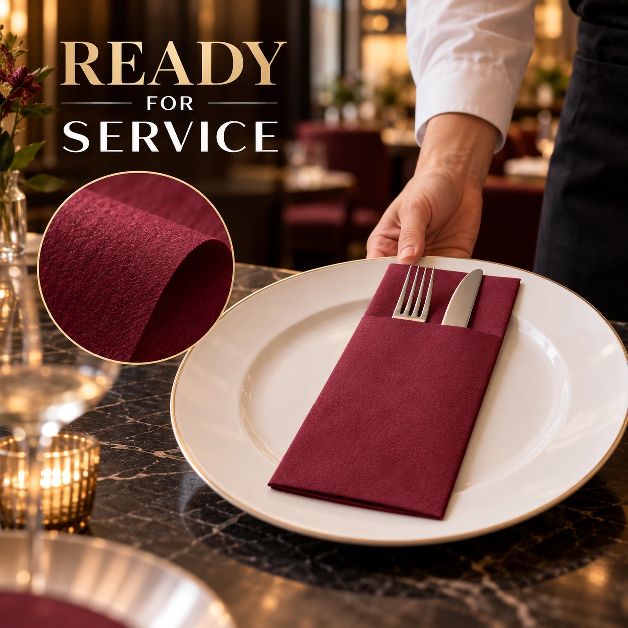 Burgundy pocket napkin presented for table service