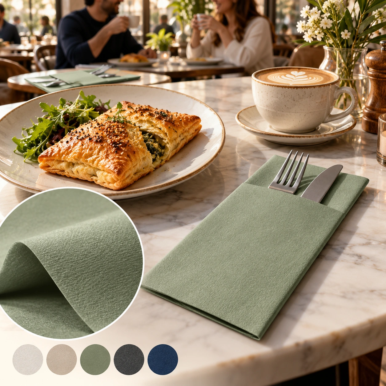 Sage green pocket napkin in a restaurant setting