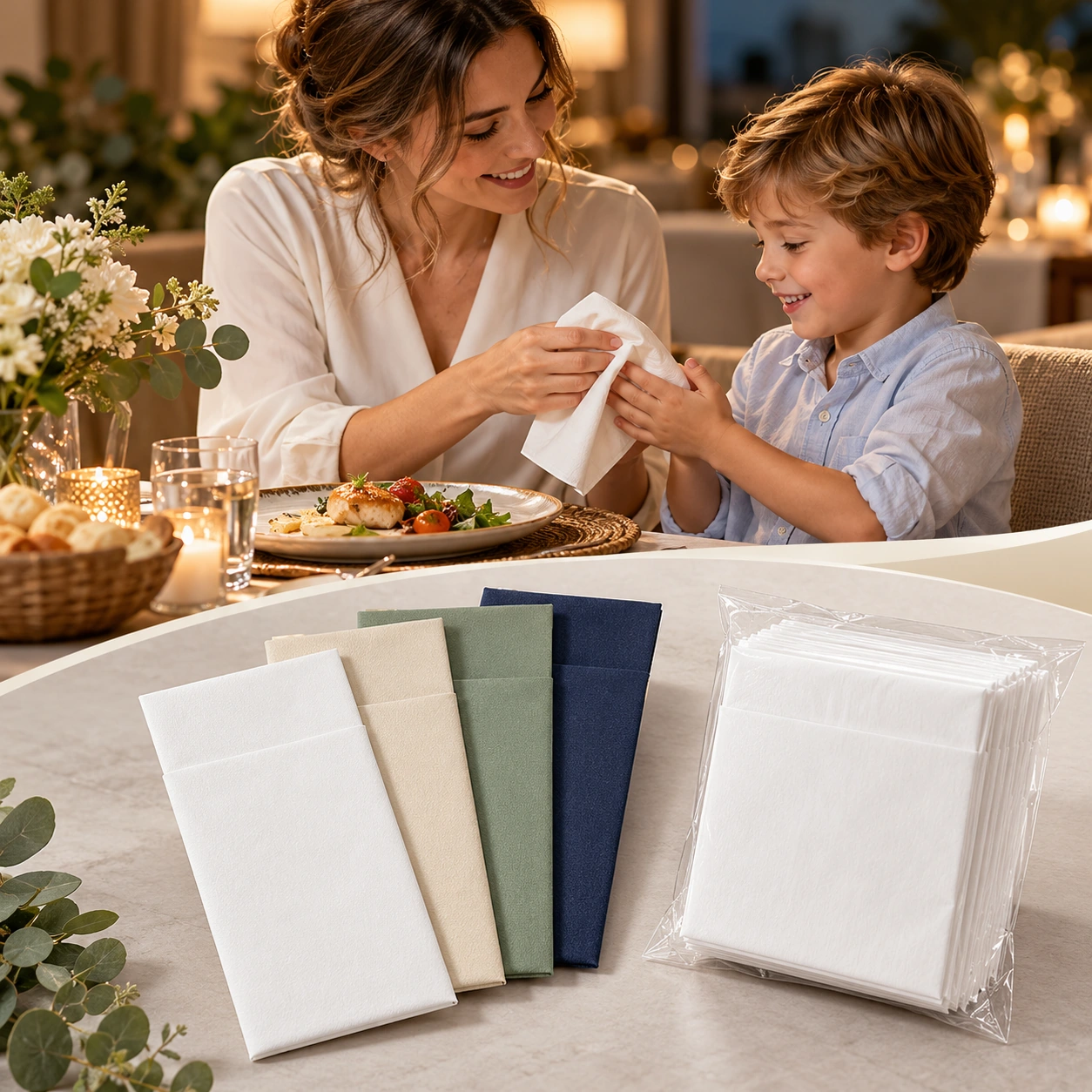 White and colored napkins in a family dining scene